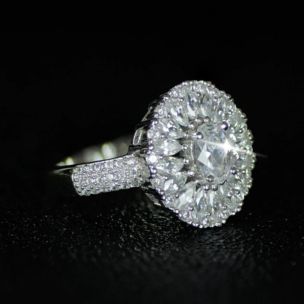 NEW 925 Sterling Silver Oval Diamond Halo Ring - Picture 4 of 5